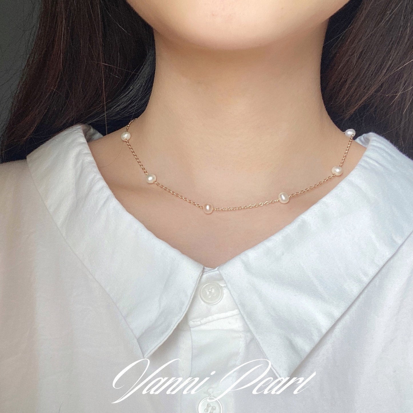 14k Gold Pearl Satellite Chain Necklace, Dainty Pearl Choker Necklace, Minimalist Layering Pearl Necklace, Pearl Jewelry, Gift for Her