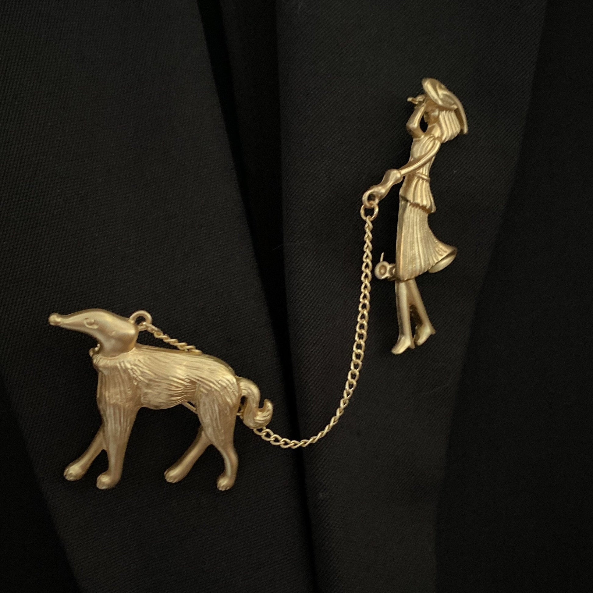 Gold Walking the Dog Brooch, Cute Brooch, Gold Chain Brooch, Women Brooch, Clothing Pin, Unique Gift