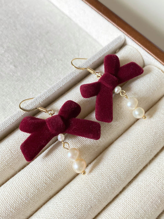 14k Gold Velvet Bow Tie With Pearl Dangle Earrings, Christmas Earrings, Red Bow Tie Charm Earrings, Cute dainty Earrings, Gift for Her