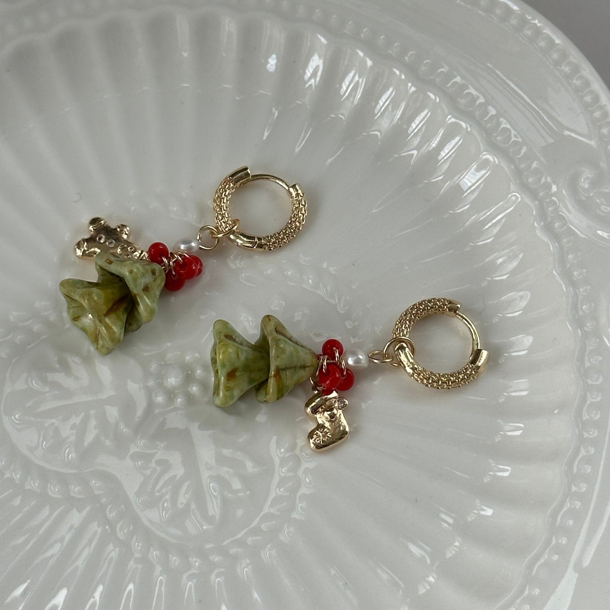 Christmas Tree Charm Earrings, Czech Glass Beads Earrings, Christmas Gift Earrings, Gold Huggie Hoop Earrings, Gift Earrings