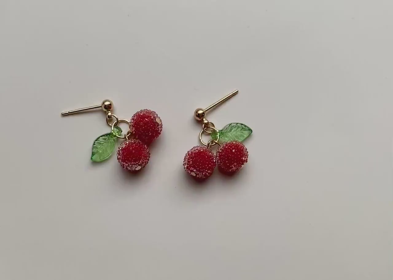 Gold Plated Acrylic Beads Cherry Stud Earrings, Cherry Dangle Earrings, Gold Cherry Earrings, Summer Fruit Earrings,Available in two Colours