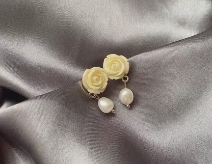 Rose and Pearl Dangle Earrings, White Rose Dangle Earrings, Baroque Rice Oval Pearl Drop Earring, Floral Stud Earring, Valentine Earrings