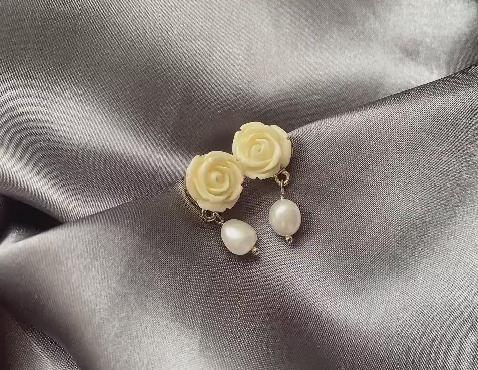 Rose and Pearl Dangle Earrings, White Rose Dangle Earrings, Baroque Rice Oval Pearl Drop Earring, Floral Stud Earring, Valentine Earrings