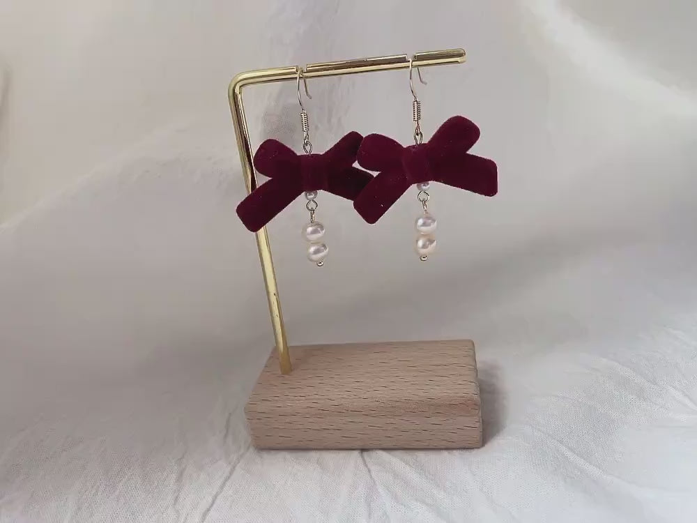 14k Gold Velvet Bow Tie With Pearl Dangle Earrings, Christmas Earrings, Red Bow Tie Charm Earrings, Cute dainty Earrings, Gift for Her